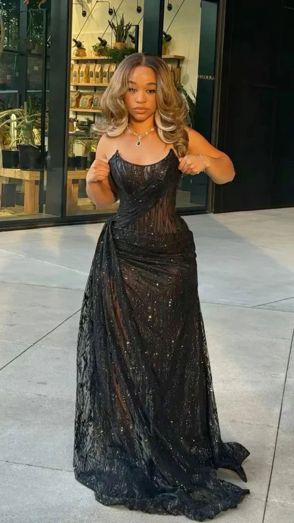 Black Long Prom Dress with Slit and Strapless Evening Gown