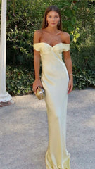 Elegant Mermaid Off-Shoulder Yellow Satin Long Evening Gown Prom Dress SD2063