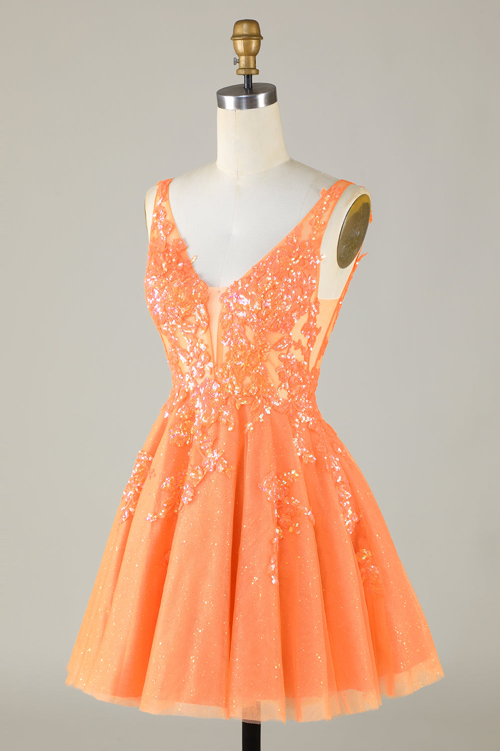 Orange Glitter Applique V-Neck Tulle Homecoming Dress Orange Glitter Applique V-Neck Tulle Homecoming Dress