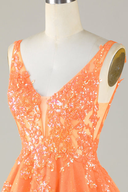 Orange Glitter Applique V-Neck Tulle Homecoming Dress - DollyGown