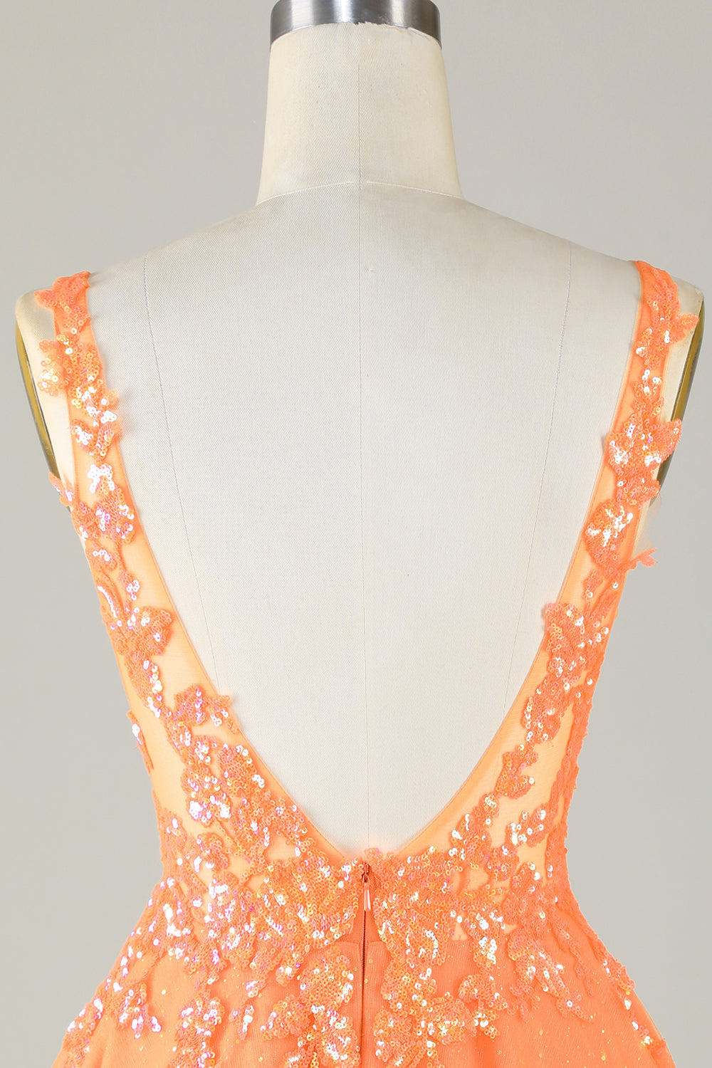 Orange Glitter Applique V-Neck Tulle Homecoming Dress - DollyGown