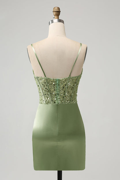 Corset Sequin Mini Homecoming Dress in Sage Green - DollyGown