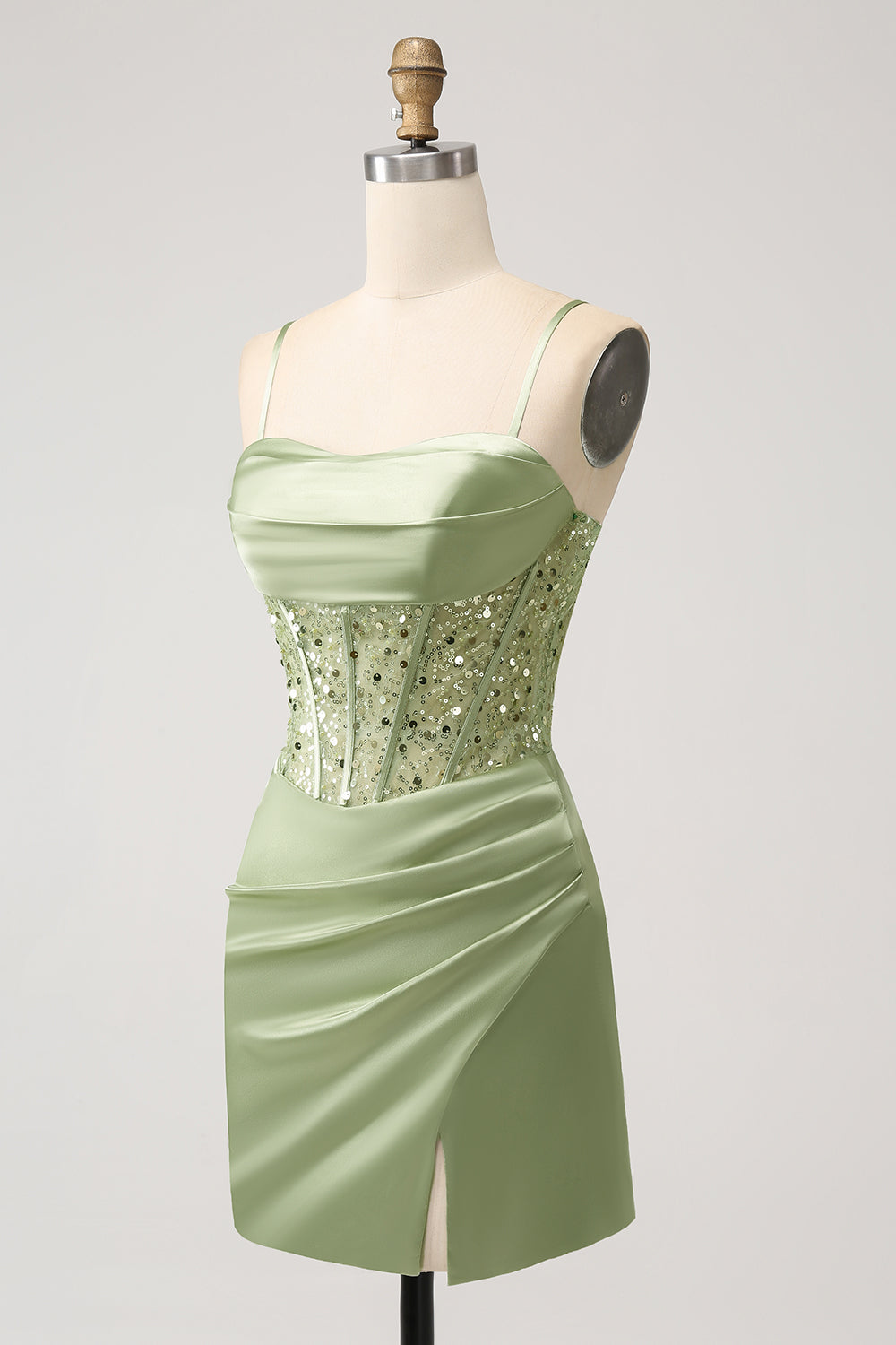 Corset Sequin Mini Homecoming Dress in Sage Green - DollyGown