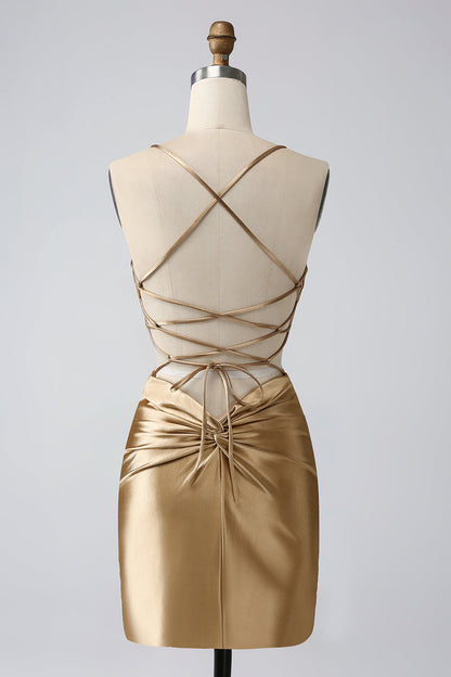 Gold Backless V-Neck Crisscross Back Short Homecoming Dress - DollyGown