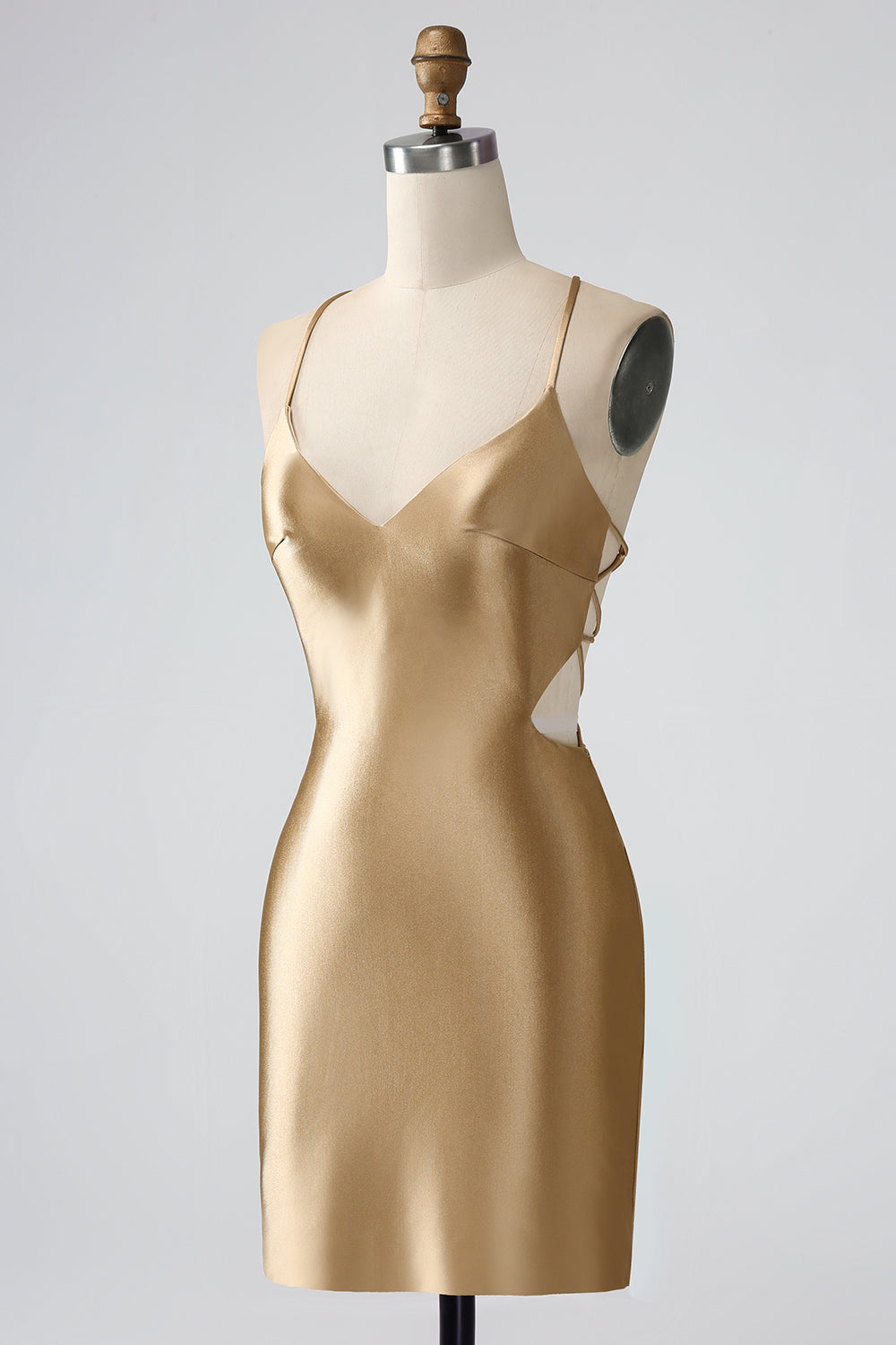 Gold Backless V-Neck Crisscross Back Short Homecoming Dress - DollyGown