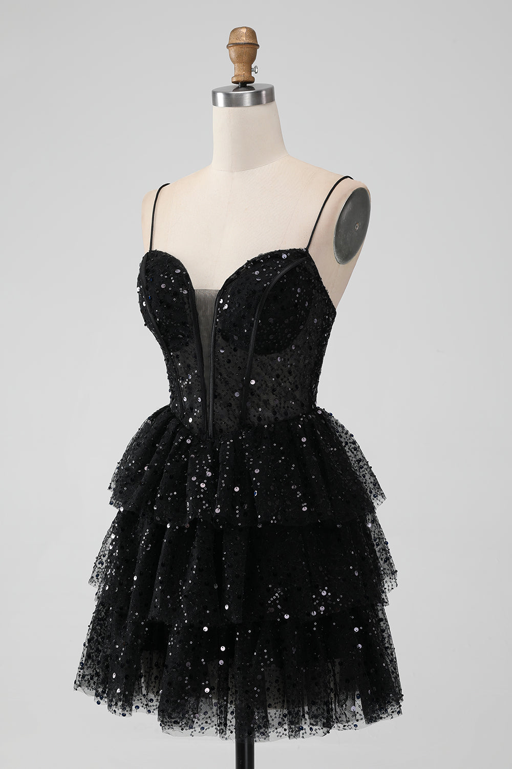 Black Tulle Sequin Ruffle Tiered Short Homecoming Dress Black Tulle Sequin Ruffle Tiered Short Homecoming Dress