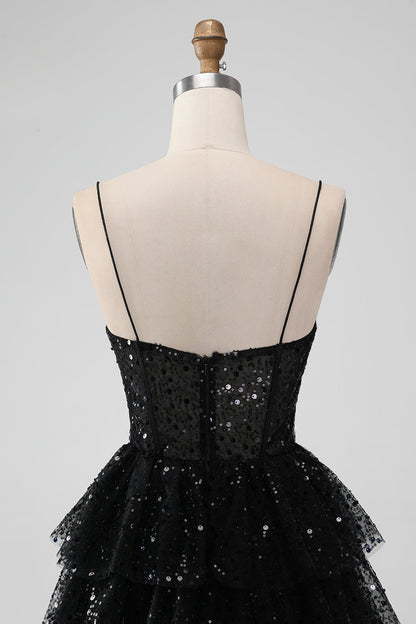 Black Tulle Sequin Ruffle Tiered Short Homecoming Dress - DollyGown