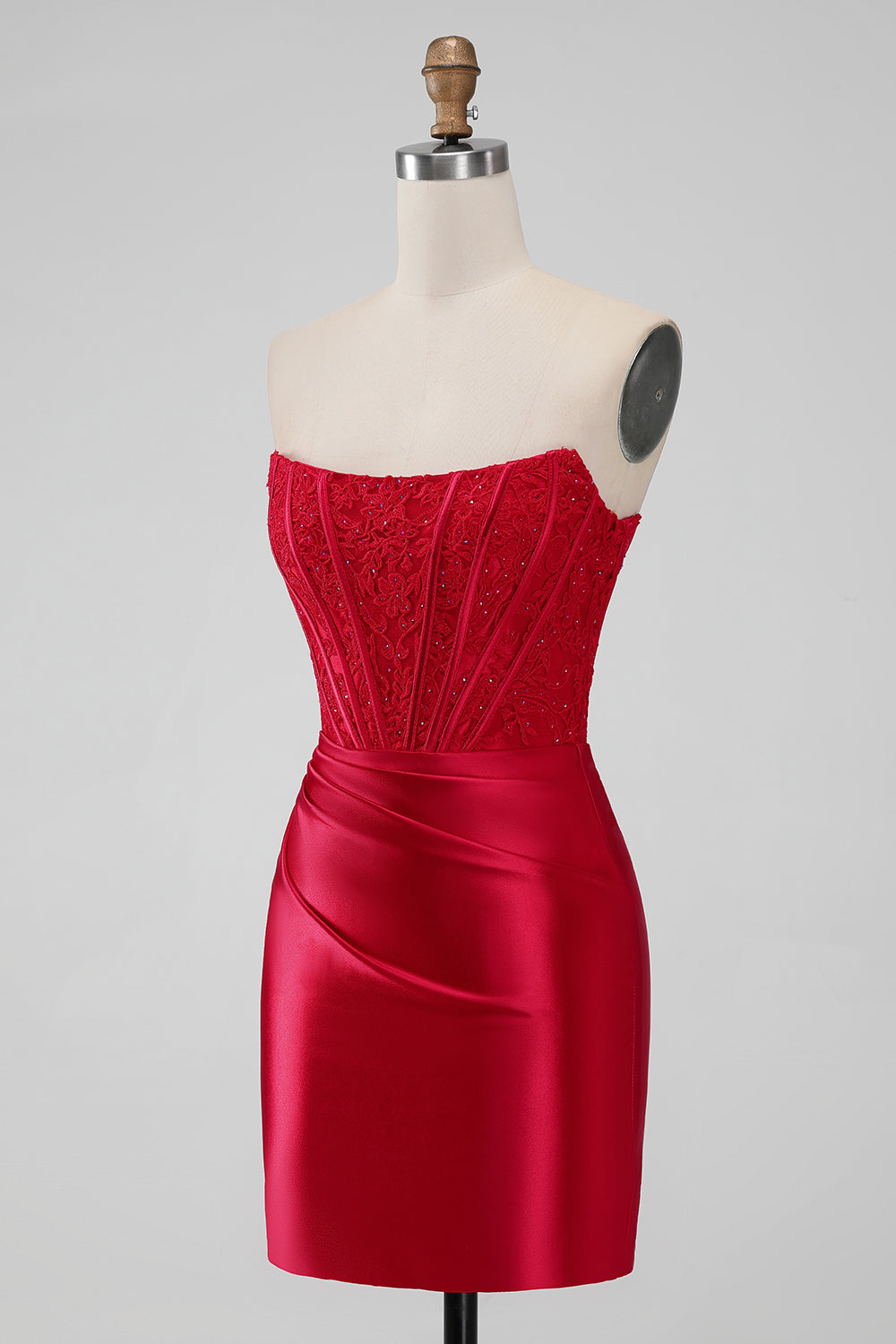 Strapless Lace Ruched Bodycon Short Red Homecoming Dress Strapless Lace Ruched Bodycon Short Red Homecoming Dress
