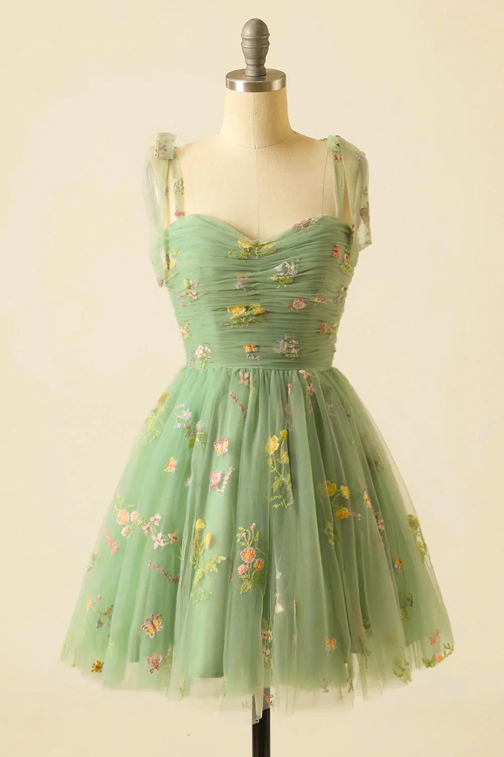 Sage Green Floral Embroidery Short Homecoming Dress - DollyGown