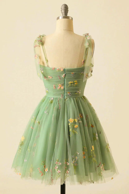 Sage Green Floral Embroidery Short Homecoming Dress - DollyGown