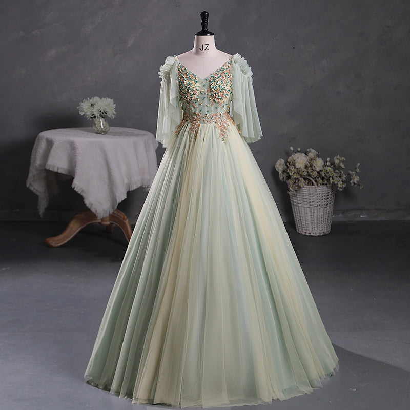 Sage Green Sheer Tulle Masquerade Ball Gown Quinceanera Dress -DollyGown