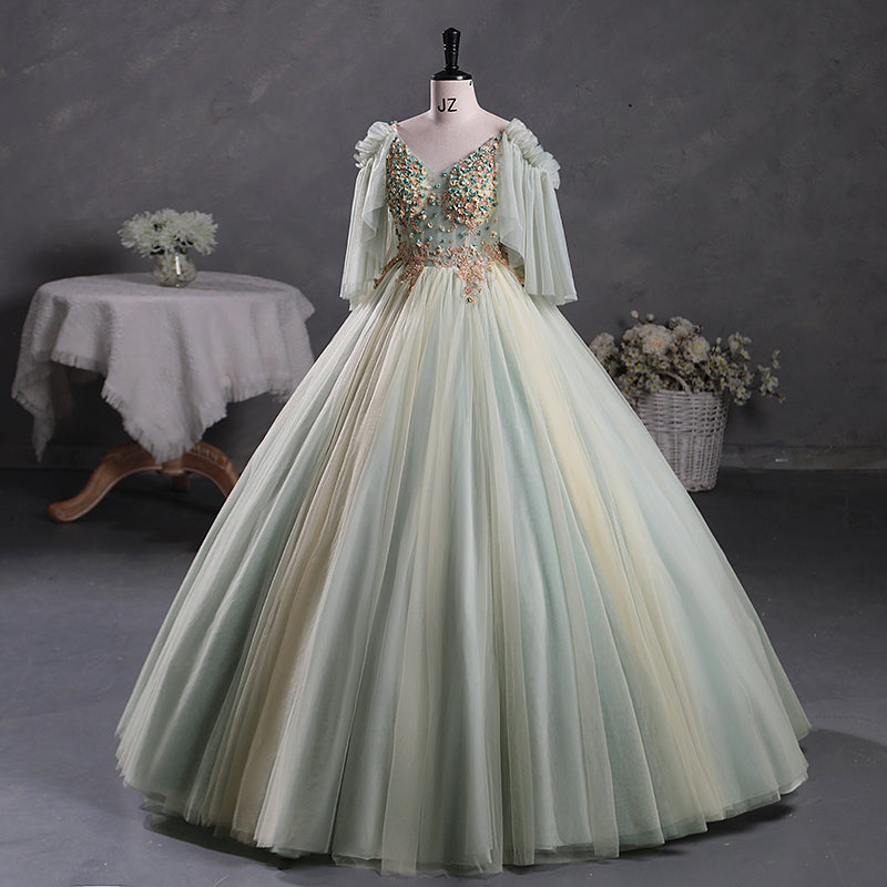 Sage Green Sheer Tulle Masquerade Ball Gown Quinceanera Dress Sage Green Sheer Tulle Masquerade Ball Gown Quinceanera Dress