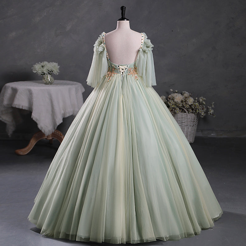 Sage Green Sheer Tulle Masquerade Ball Gown Quinceanera Dress Sage Green Sheer Tulle Masquerade Ball Gown Quinceanera Dress