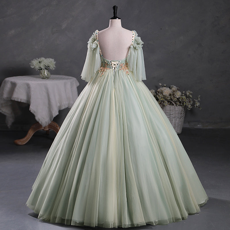 Sage Green Sheer Tulle Masquerade Ball Gown Quinceanera Dress