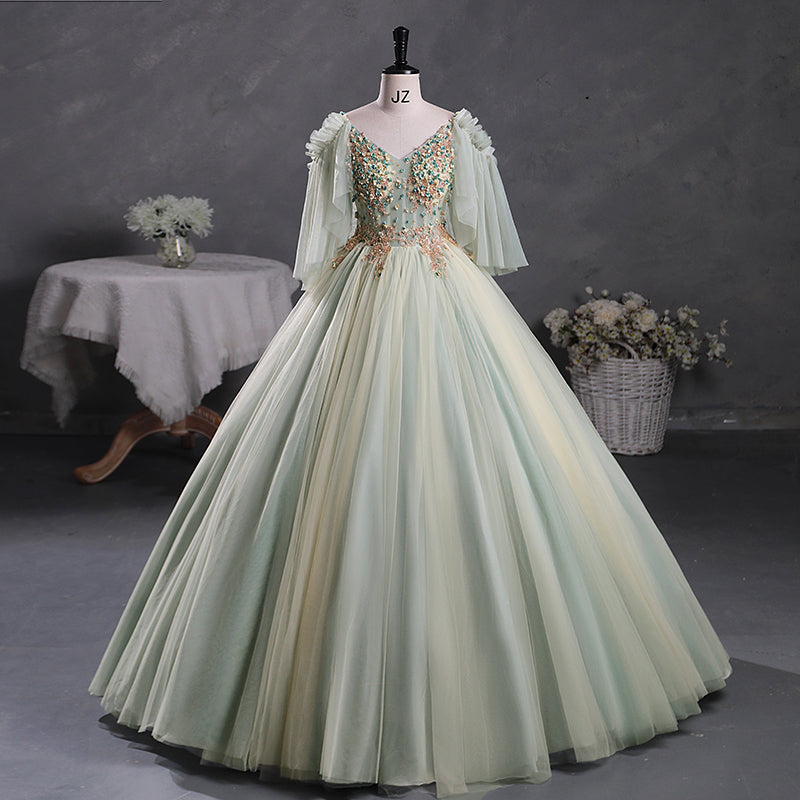 Sage Green Sheer Tulle Masquerade Ball Gown Quinceanera Dress -DollyGown