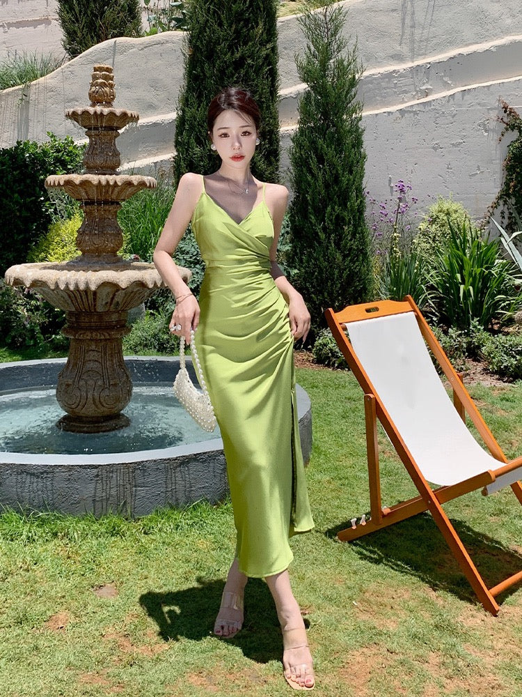 Semi-Formal Forest Green Slip Dress with Slit - DollyGown