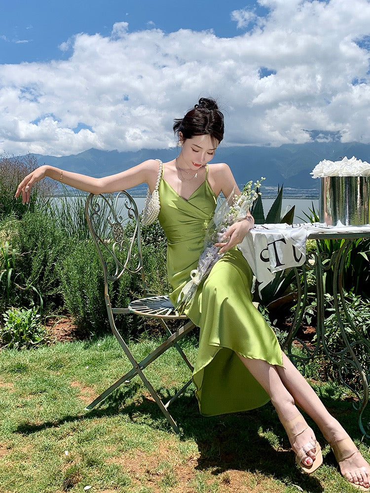 Semi-Formal Forest Green Slip Dress with Slit - DollyGown