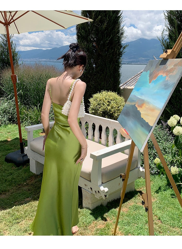 Semi-Formal Forest Green Slip Dress with Slit - DollyGown