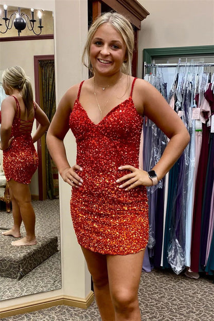 Short Red Sequins Tight Homecoming Dress - DollyGown