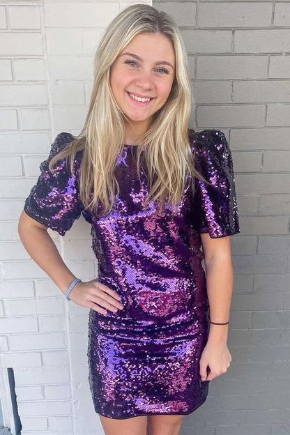 Short Sleeves Purple Sequins Homecoming Dress - DollyGown