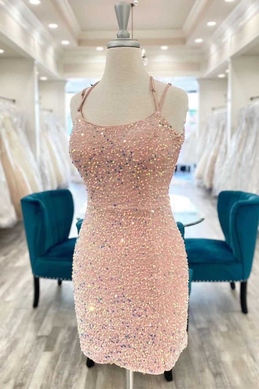 Short Tight Blush Pink Sequins Homecoming Dress - DollyGown