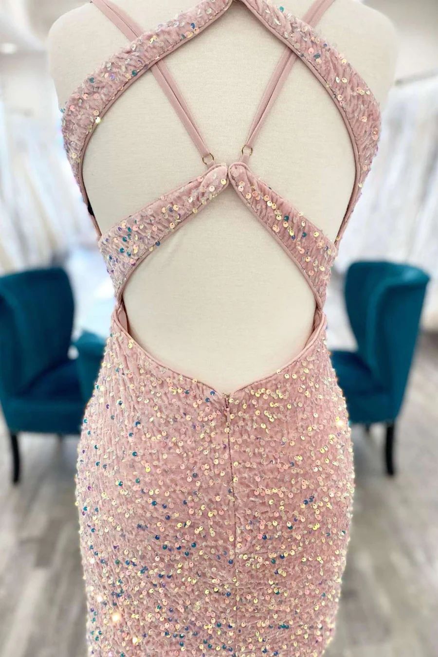 Short Tight Blush Pink Sequins Homecoming Dress - DollyGown