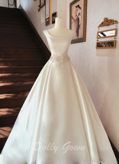 Simple Boat Neck Satin Ball Gown Wedding Dress - DollyGown