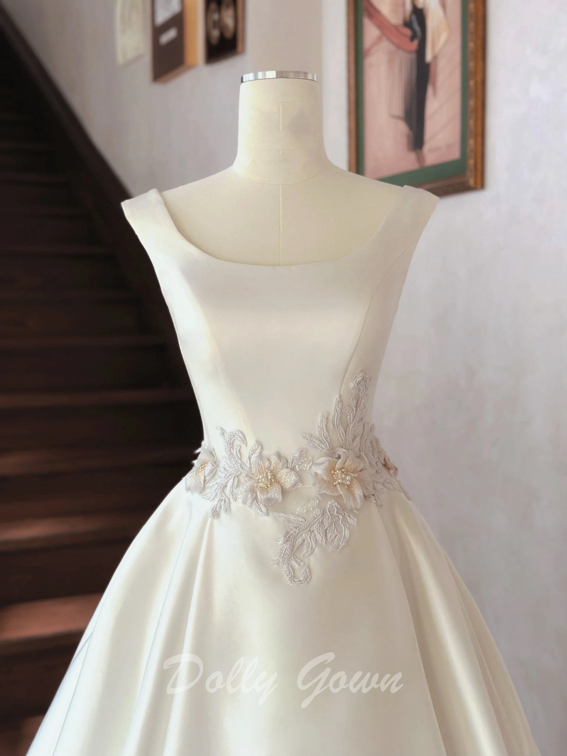 Simple Boat Neck Satin Ball Gown Wedding Dress - DollyGown