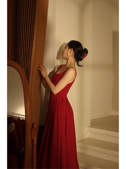Simple Burgundy 50s tea length Dress - DollyGown