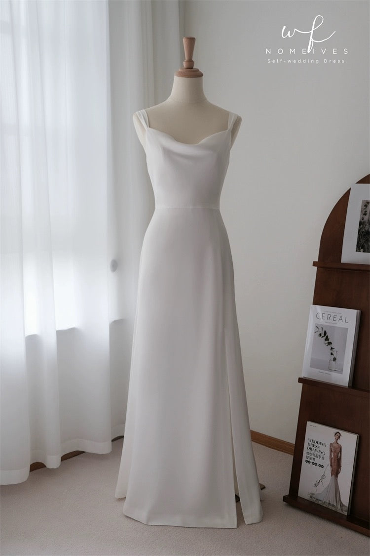 Simple Cowl Neck Slip Wedding Dress - DollyGown