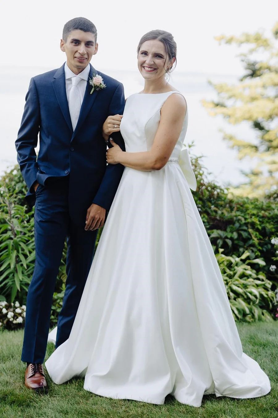 Simple Low Back High Neck Satin Wedding Dress - DollyGown