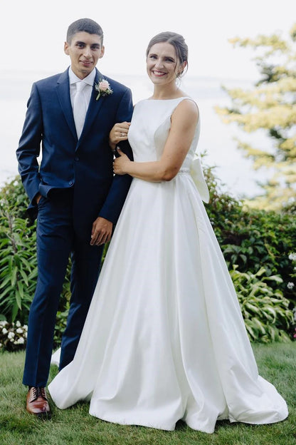Simple Low Back High Neck Satin Wedding Dress - DollyGown