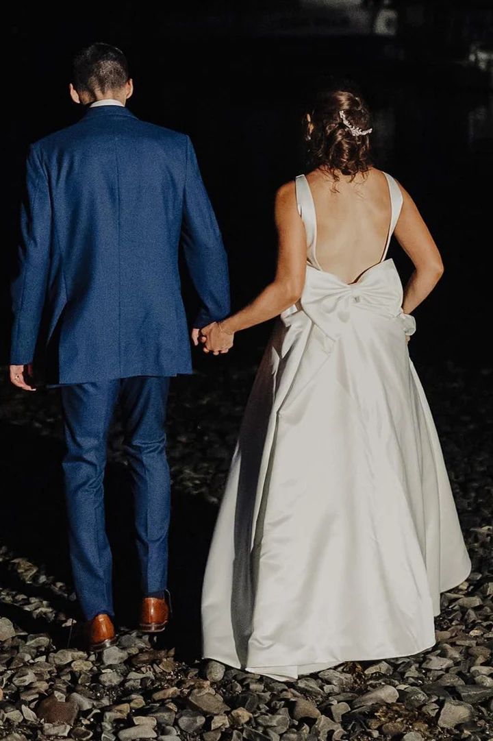 Simple Low Back High Neck Satin Wedding Dress - DollyGown