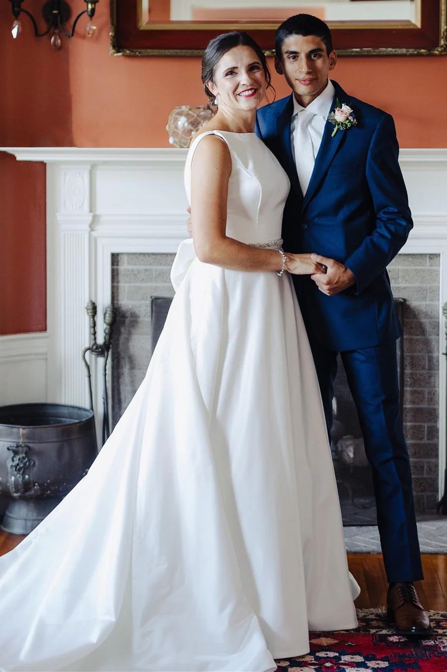 Simple Low Back High Neck Satin Wedding Dress - DollyGown