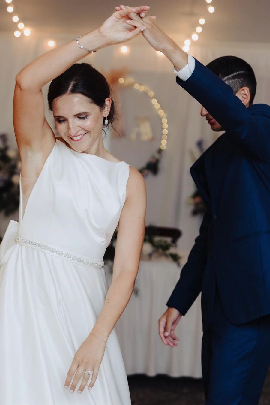 Simple Low Back High Neck Satin Wedding Dress - DollyGown