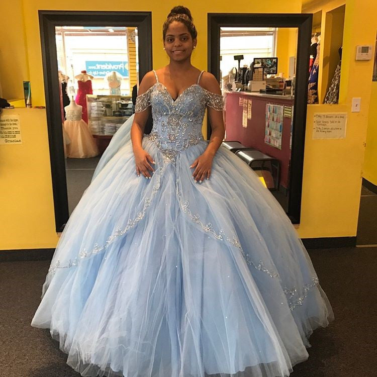 Spaghetti Strap Off The Shoulder Light Blue Ball Gown Quinceanera Dress - DollyGown