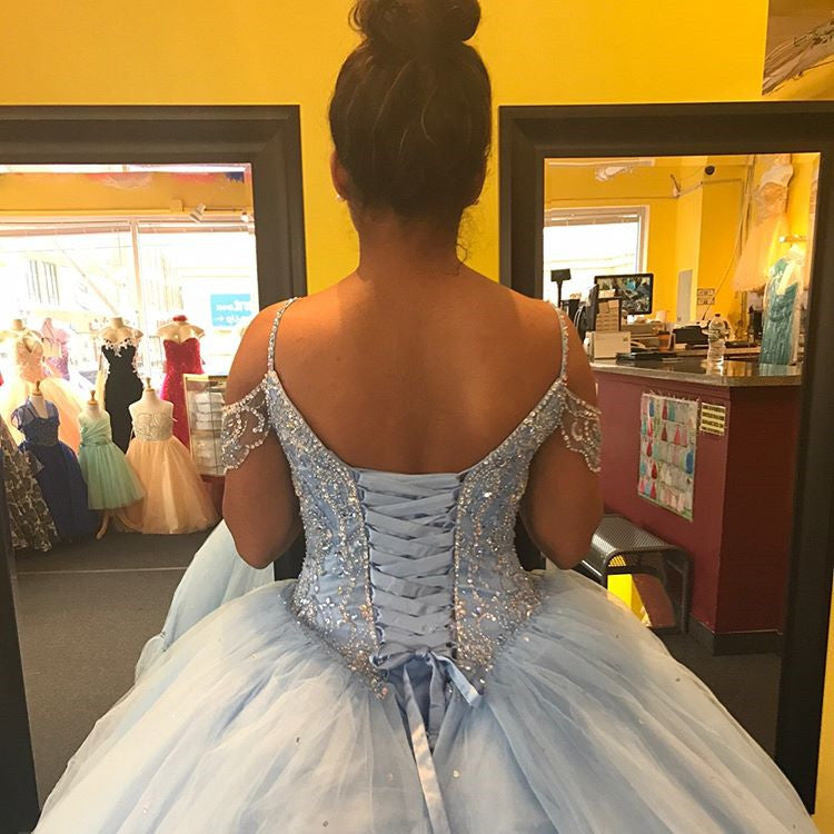 Spaghetti Strap Off The Shoulder Light Blue Ball Gown Quinceanera Dress - DollyGown