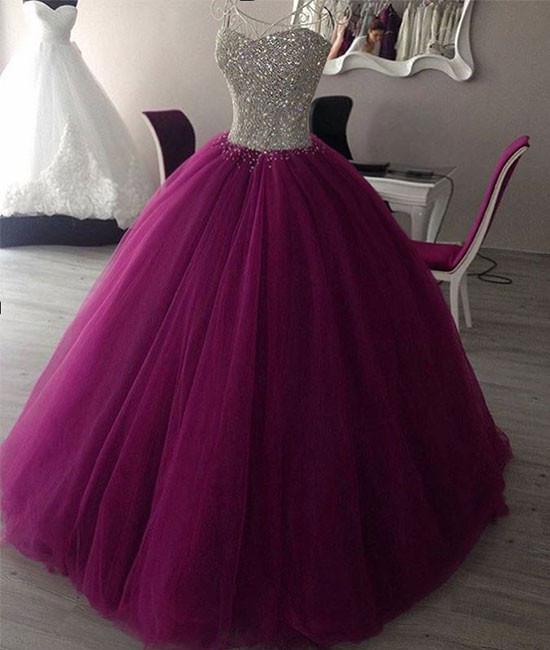 Sparkly Bead Top Purple Tulle Ball Gown Quinceanera Dress -DollyGown