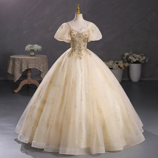 Sparkly Lace Top Gold Masquerade Ball Gown Quinceanera Dress - DollyGown