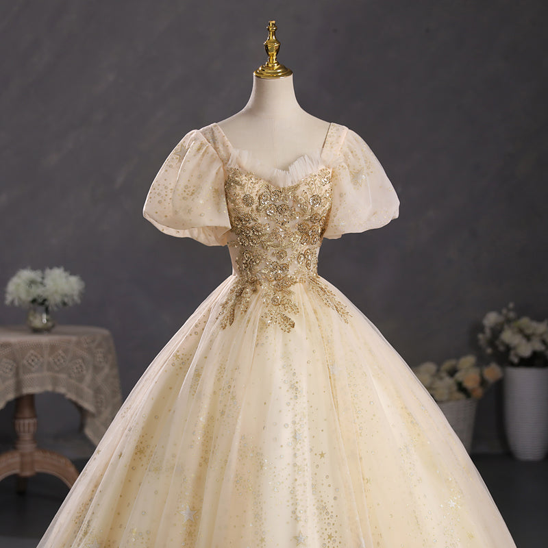 Sparkly Lace Top Gold Masquerade Ball Gown Quinceanera Dress