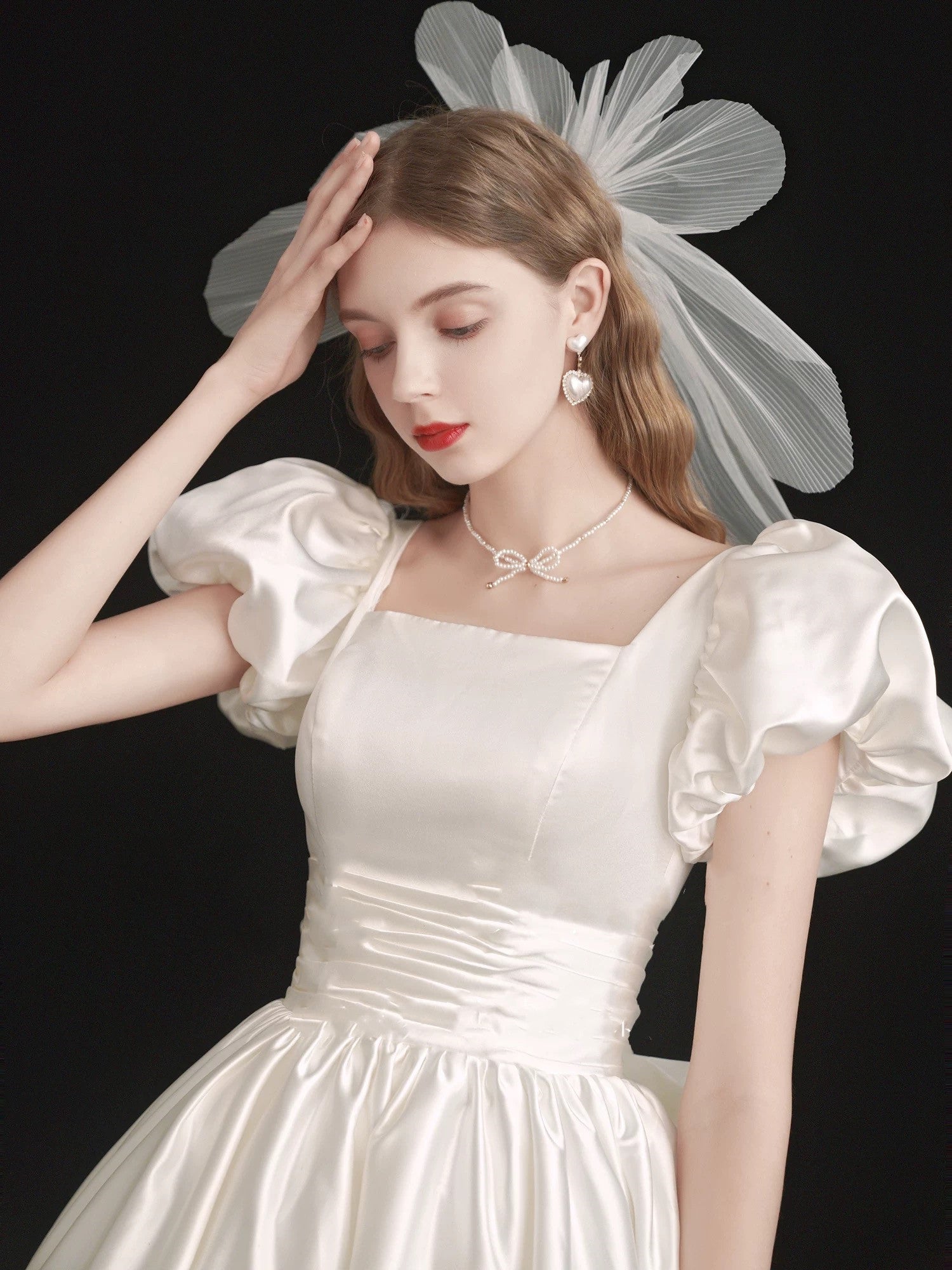 Square Neck Satin 50s Style Short Wedding Dress with Bubble Short Sleeves Square Neck Satin 50s Style Short Wedding Dress with Bubble Short Sleeves