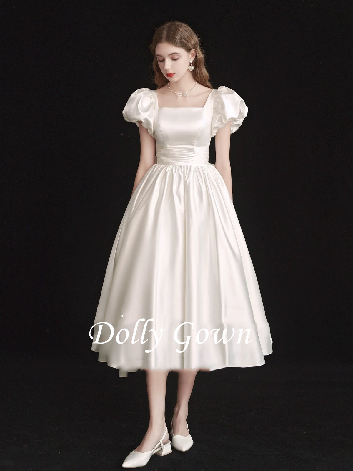 Square Neck Satin 50s Style Short Wedding Dress with Bubble Short Sleeves Square Neck Satin 50s Style Short Wedding Dress with Bubble Short Sleeves