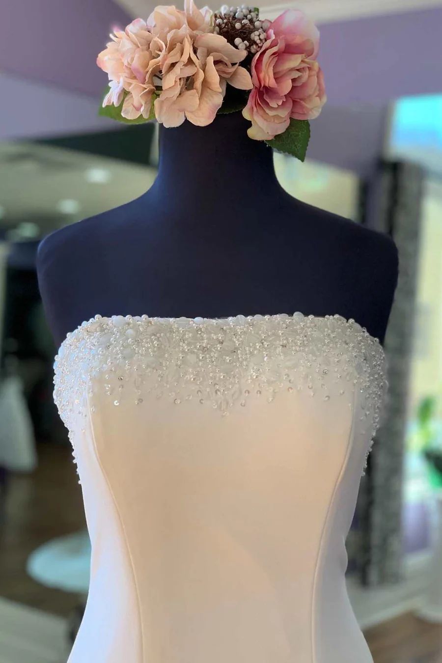Strapless Beaded Neckline Simple Slip Wedding Dress - DollyGown