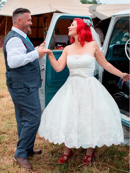 Strapless Full Circle Lace Calf Length Wedding Dress - DollyGown