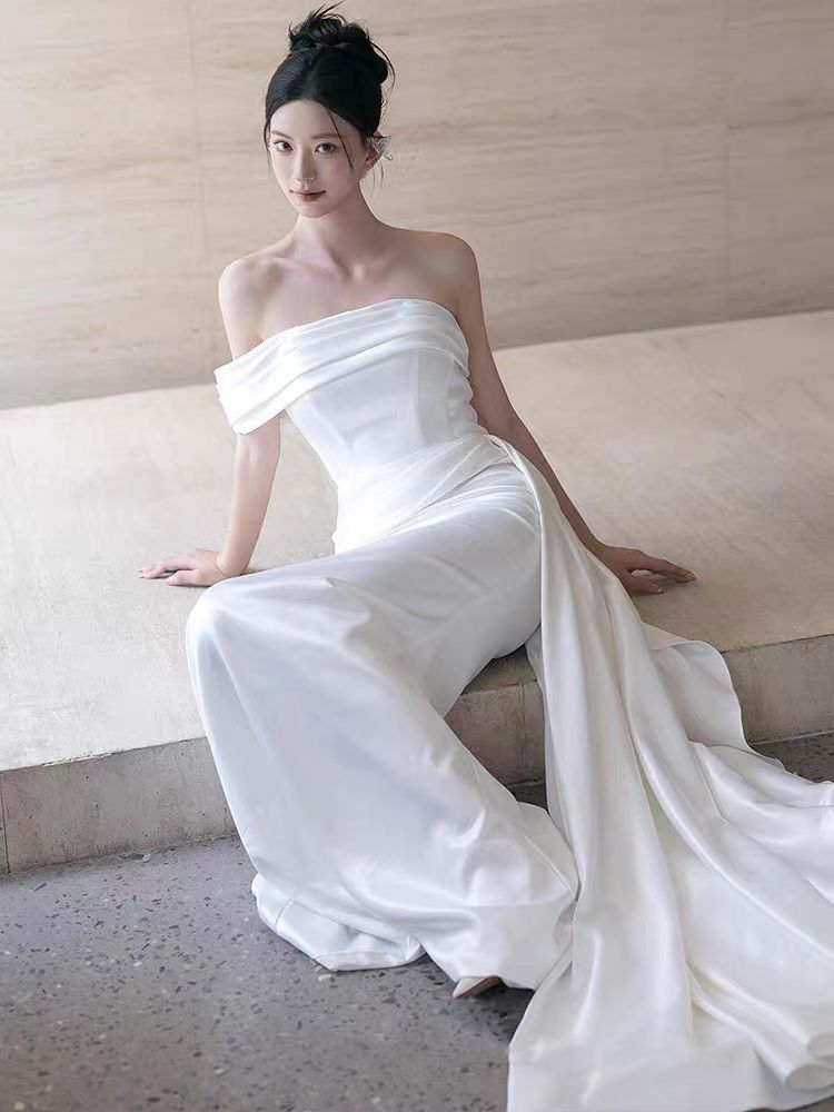 Strapless Sheath Silk Satin Bridal Gown with Draping