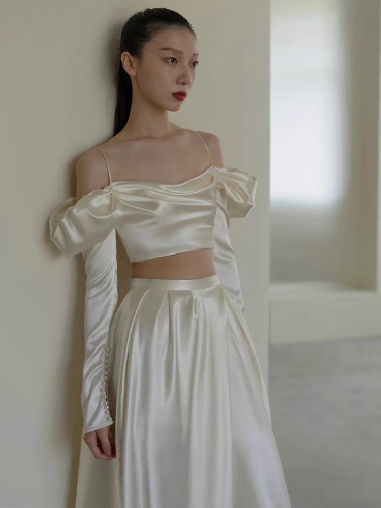 Stylish Satin Two Piece Wedding Dress with Side Slit and Long Sleeves