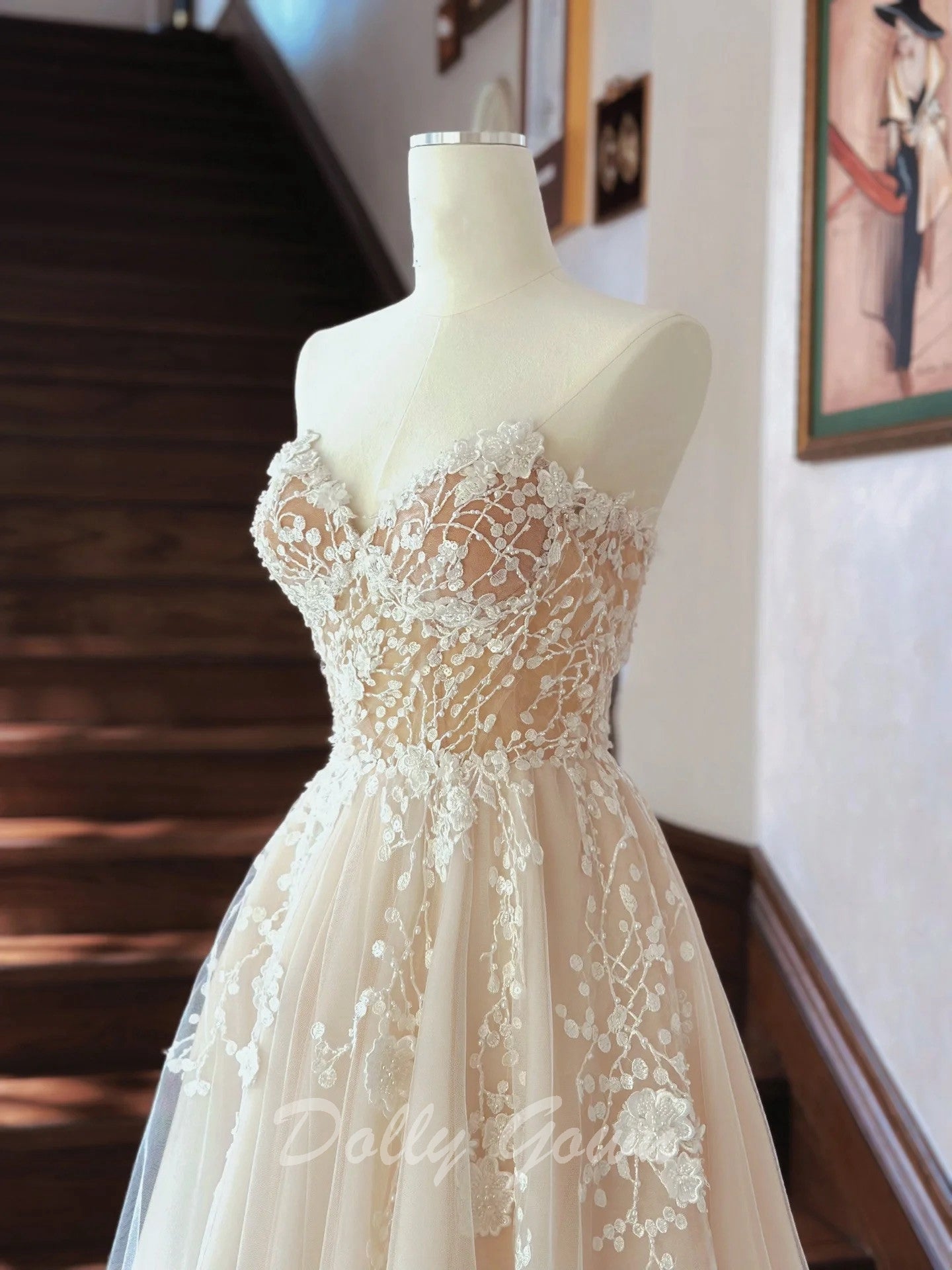 Sweet Floral Lace Strapless A-line Sheer Champagne Wedding Dress - DollyGown