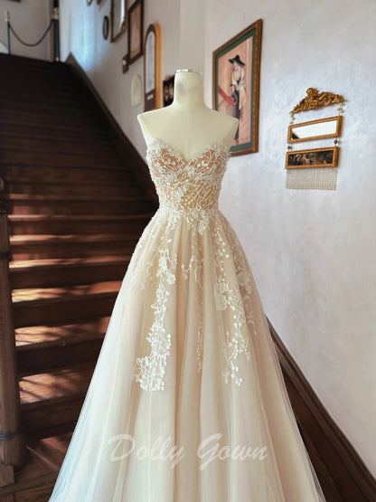 Sweet Floral Lace Strapless A-line Sheer Champagne Wedding Dress - DollyGown