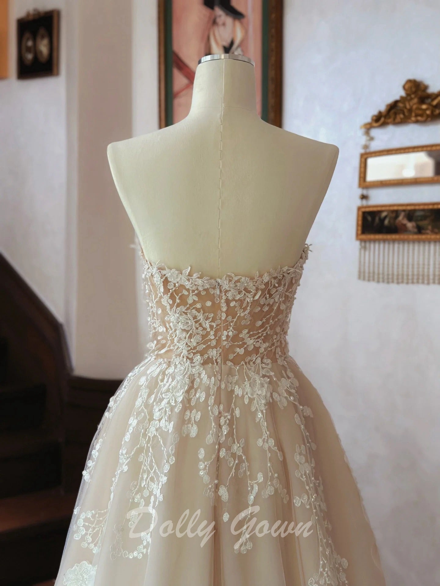 Sweet Floral Lace Strapless A-line Sheer Champagne Wedding Dress Sweet Floral Lace Strapless A-line Sheer Champagne Wedding Dress