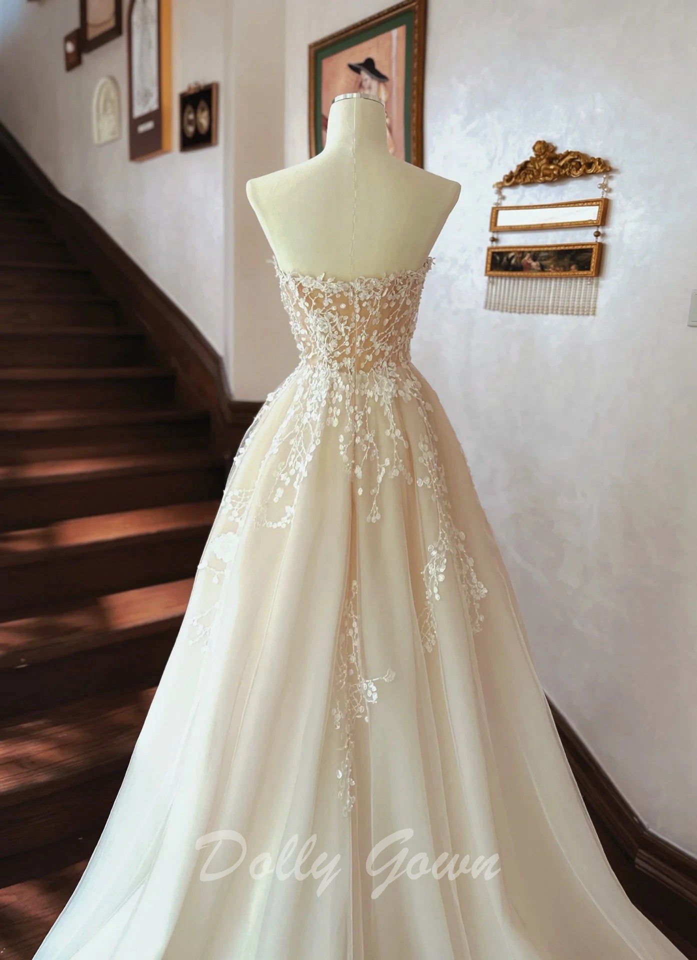 Sweet Floral Lace Strapless A-line Sheer Champagne Wedding Dress - DollyGown